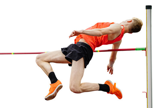 male athlete jumper high jump in athletics, fosbury flop technique, isolated on transparent background