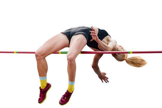 close-up girl jumper high jump in athletics championships, isolated on transparent background