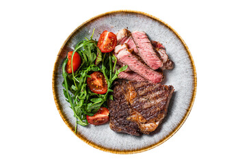 BBQ Grilled rib eye steak, fried rib-eye beef meat on a plate with green salad.  Transparent background. Isolated