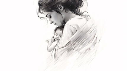 Fototapeta premium Black Pencil Sketch of Mother and Baby, Perfect for Family-Centric Designs and Emotional Editorial Spreads.