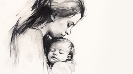 Black Pencil Sketch of Mother and Baby, Perfect for Family-Centric Designs and Emotional Editorial Spreads.