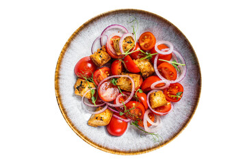 Fresh Vegetarian Panzanella salad with tomatoes, onion and Croutons.  Transparent background....