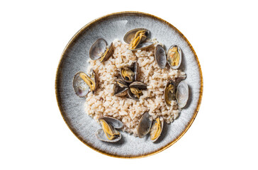 Italian Risotto with clams in a rustic plate with herbs.  Transparent background. Isolated