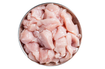 Uncooked sliced poultry meat, Raw Diced chicken breast fillets in rustic skillet.  Transparent background. Isolated - obrazy, fototapety, plakaty