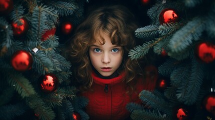 Portrait of a girl with a red nose in a snowy forest of Christmas trees