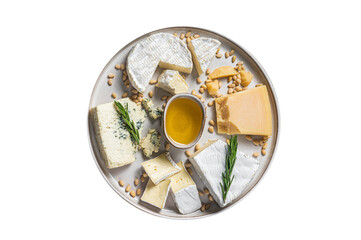 French Cheese platter with camembert, brie, Gorgonzola, parmesan, honey, nuts and herbs.  Transparent background. Isolated