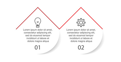 Infografis 2 langkah, desain infografis simpel terdiri dari dua bagian yang saling berkaitan, desain lingkaran dipadu garis, ikon dan warna, bagus untuk presentasi bisnis Anda