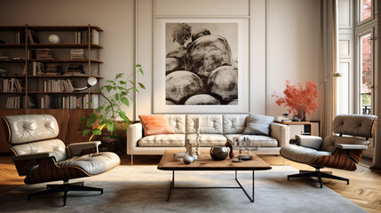 Vintage furniture beige sofa chairs and posters