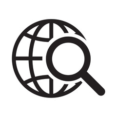 Magnifier and globe icon, search for a place on a map or on the globe icon. The icon of the magnifying glass and planet Earth.