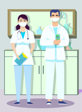 Nurse and Laboratory Assistant. Scientists Young professionals in masks conducting research in a lab, science laboratory. Vector flat Illustration. Work, white coat.
