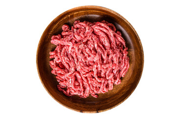 Raw mince lamb, ground mutton meat with herbs on a plate.  Transparent background. Isolated