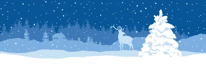 Draagtas Abstract landscape with a snowy forest, small house and deer. Narrow vector illustrations, Christmas wallpaper.  © imagination13