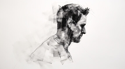 Obraz na płótnie Canvas Stressed man Silhouette Black Pencil Contour on White Background.