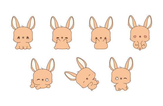 Collection of Vector Cartoon Bunny Art. Set of Kawaii Isolated Rabbit Illustrations for Prints for Clothes, Stickers, Baby Shower, Coloring Pages