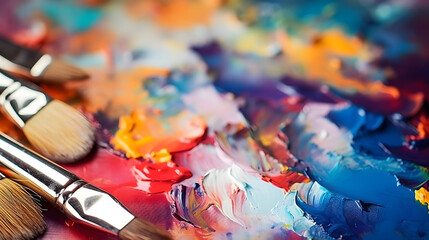 Obraz premium a group of brushes with paint on the background of a multicolored spectrum canvas, the idea of creativity banner