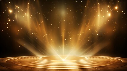 Golden stage background with glitters and spotlights for glamorous events and celebrations - obrazy, fototapety, plakaty