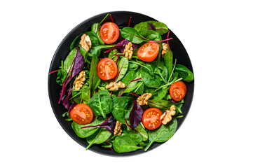 Vegetarian salad with mix leaves mangold, swiss chard, spinach, arugula and nuts in a salad bowl.  Transparent background. Isolated