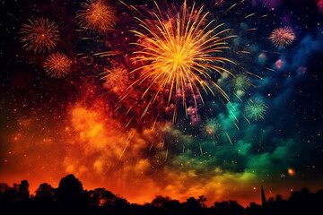 Fototapeta na wymiar Colorful fireworks exploding at night against sky