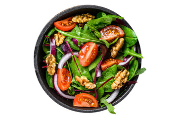 Healthy bistro green salad with mix leaves mangold, swiss chard, spinach, arugula and nuts in a...