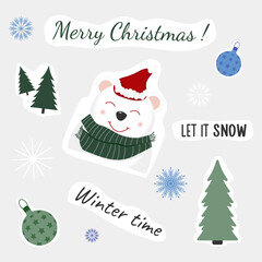 Collection of Christmas stickers, vector design. Cute cartoon christmas new year stickers.