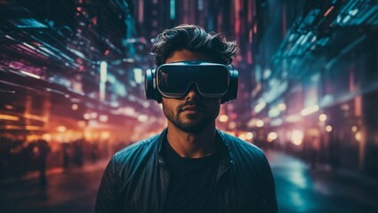 Jugador joven experimenta con gafas de realidad aumentada en consola virtual futurista - obrazy, fototapety, plakaty
