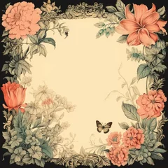 Fototapeten Vintage style botanical floral framed background with antique typographical texture © PinkiePie