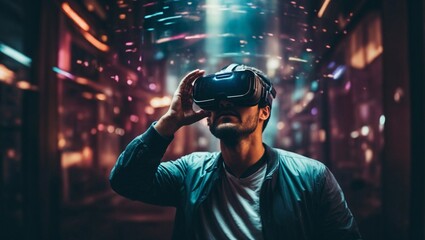Jugador joven experimenta con gafas de realidad aumentada en consola virtual futurista