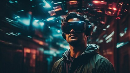 Jugador joven experimenta con gafas de realidad aumentada en consola virtual futurista - obrazy, fototapety, plakaty