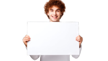 Man holding a blank placard sign poster paper isolated on white background.