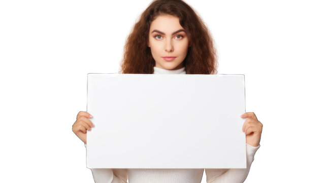 Woman holding a blank placard sign poster paper isolated on white background.