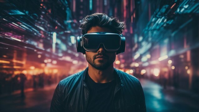 Jugador joven experimenta con gafas de realidad aumentada en consola virtual futurista