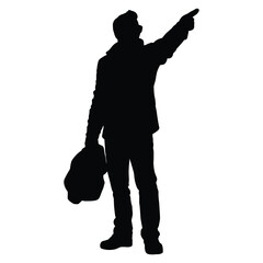 Man in Jacket Silhouette Pointing Up on White.