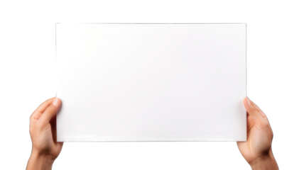 Hand holding a blank placard sign poster paper isolated on white background.