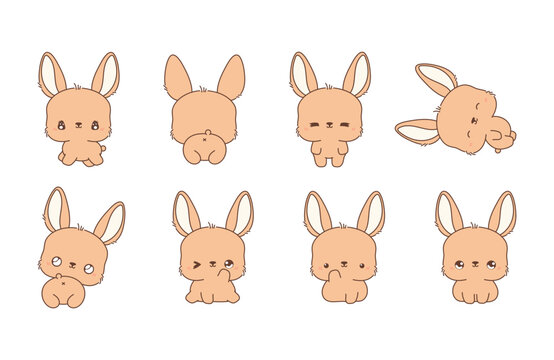 Set of Kawaii Isolated Rabbit. Collection of Vector Cartoon Hare Illustrations for Stickers, Baby Shower, Coloring Pages, Prints for Clothes