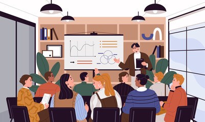 Business training in company. Speaker, mentor near board teach office personnel. Professional coach on leadership lecture, conference. Students group study on seminar. Flat vector illustration - obrazy, fototapety, plakaty
