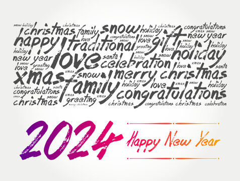 2024 year greeting word cloud collage, Happy New Year celebration greeting card
