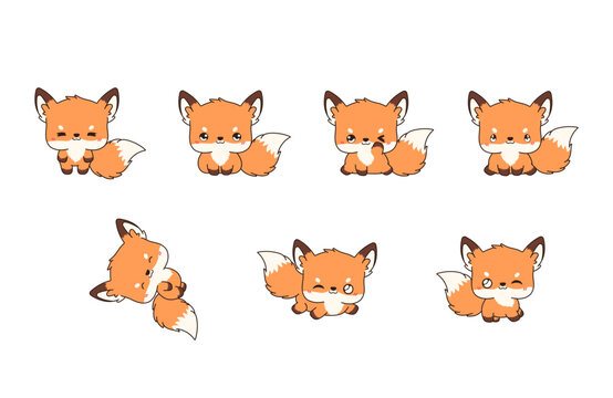 Collection of Vector Cartoon Fox Art. Set of Kawaii Isolated Animal Illustrations for Prints for Clothes, Stickers, Baby Shower, Coloring Pages