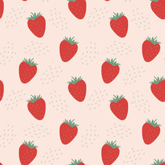 Strawberry seamless pattern. Red berries and decor elements repeat on light pink background. Vector illustration. 