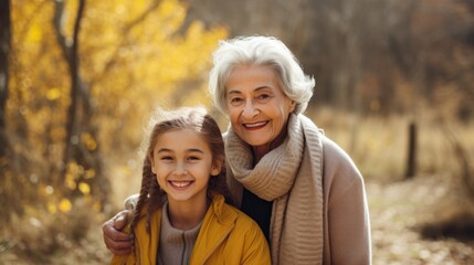 Fototapeta premium Grandmother and granddaughter walk in a park in nature in autumn on a sunny day, connection between generations, spending time with family