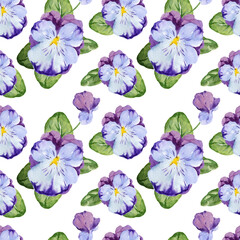 watercolor seamless pattern with hand drawn pansy flowers and buds and leaves, lilac and purple spring flowers, summer illustration, isolated on white background
