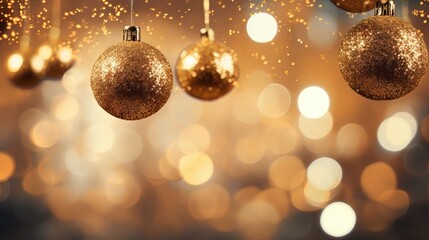 Golden Christmas background with glowing ornaments and confetti bokeh effect