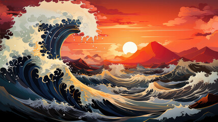 Generative ai illustration of Japanese ocean wave graphic