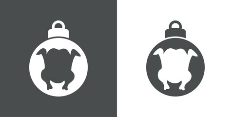 Tiempo de Navidad. Logo con silueta de bola de navidad con pollo o pavo asado para su uso en invitaciones y felicitaciones - obrazy, fototapety, plakaty