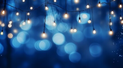 Christmas garland bokeh lights illuminating a dark blue background, holiday decoration concept