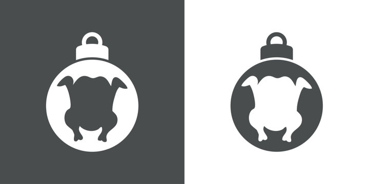 Tiempo de Navidad. Logo con silueta de bola de navidad con pollo o pavo asado para su uso en invitaciones y felicitaciones