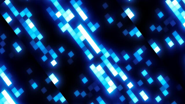 Abstract blue retro pixel hipster digital background made of moving energy brick squares on a black background