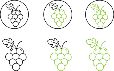 Set of Grape Food Fruits, bunches of grapes icons with leaf isolated on transparent background. Thin Line Black and green Grape fruits healthy lifestyle symbol editable stock template for graphic.