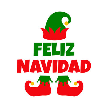 Tiempo de Navidad. Logo con palabra Feliz Navidad en espa&ntilde;ol con sombrero y botas de elfo de Santa Claus para su uso en tarjetas y felicitaciones