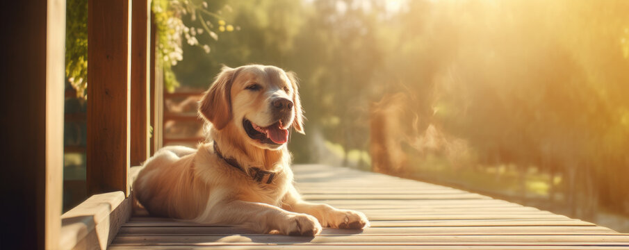 Happy dog on wooden terrace.