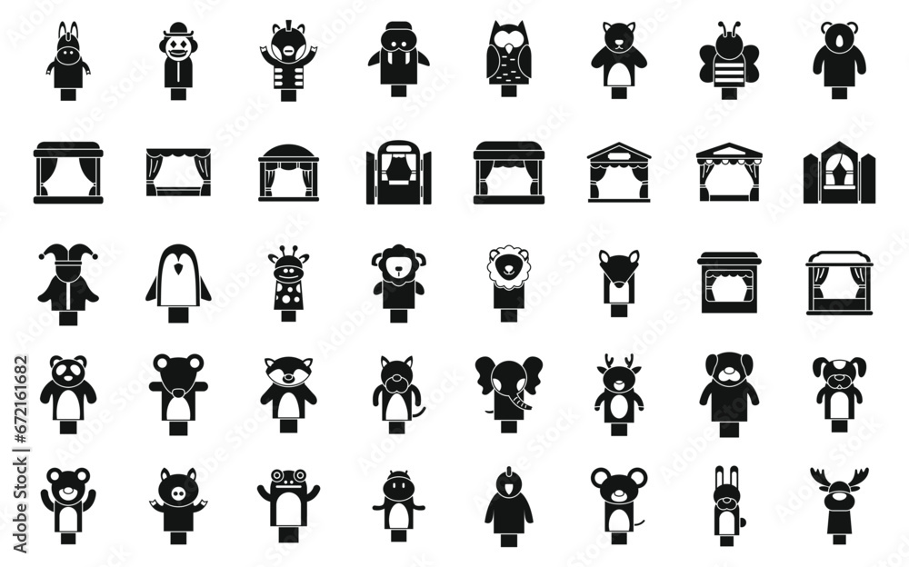 Poster puppet theater icons set simple vector. marionette doll kid. child activity